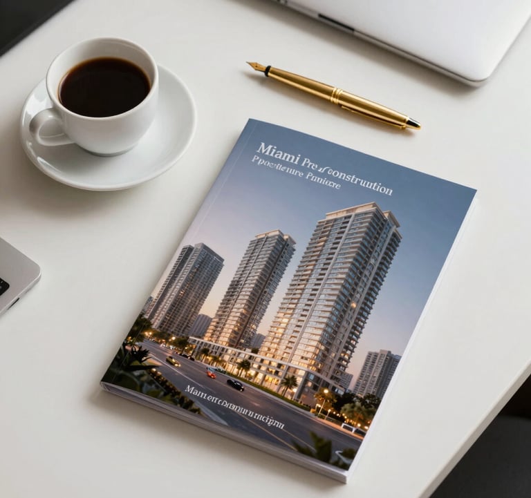Top-down view of a stylish office desk with a coffee cup, a gold fountain pen, and a high-end brochure of a Miami pre-construction project, warm white lighting.