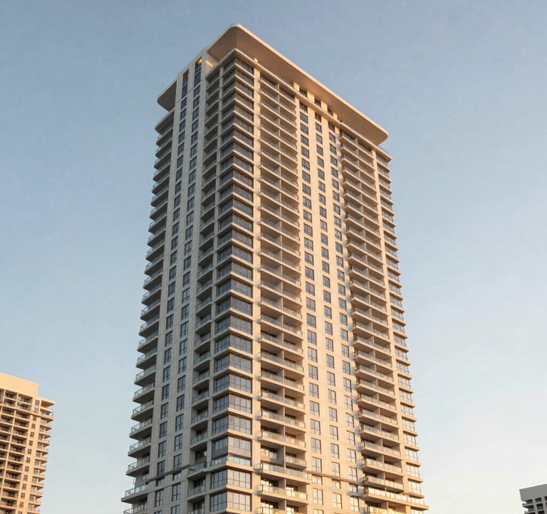 Exterior architectural photography of a luxury residential skyscraper in Brickell, Miami, during golden hour, reflecting a warm white and champagne gold palette against a clear sky.