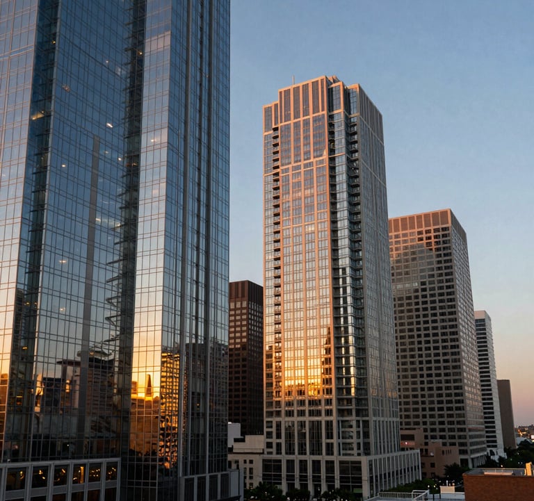 Professional architectural photography of Brickell financial district skyscrapers at sunset, sleek glass facades reflecting golden light, sophisticated South American / Latino urban business environment.