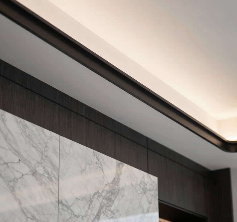 Close-up detail of a modern, premium interior design in a Miami luxury penthouse, featuring clean lines, marble textures, and strategic lighting in warm white and graphite black.