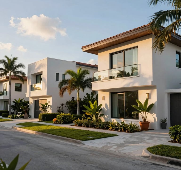 A luxurious residential street in Doral, Florida, featuring modern villas with clean lines, manicured tropical gardens, and warm afternoon sun, reflecting a high-end South American / Latino suburban lifestyle.