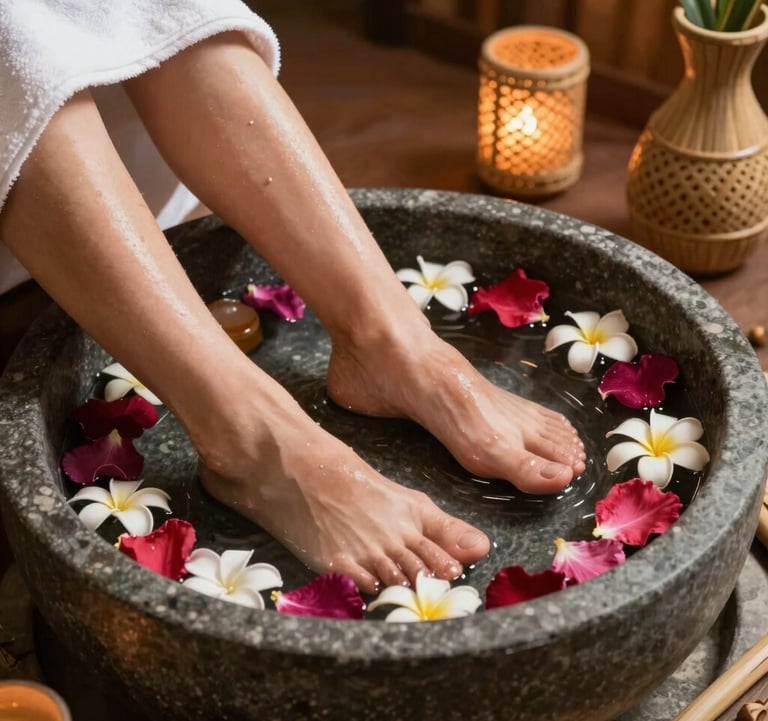 A peaceful reflexology foot spa setup in Bandung, West Java / Indonesia with a natural stone water basin, fresh tropical flower petals, and warm bamboo decorative elements.