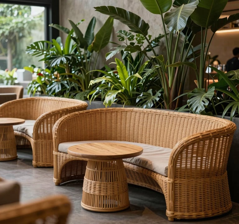 A calm relaxation lounge area with natural rattan seating and organic green indoor plants in Bandung, West Java, Indonesia.