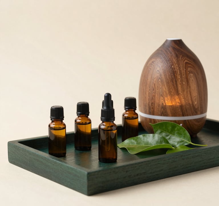 An elegant arrangement of natural essential oil glass bottles, aromatherapy diffusers, and fresh green botanical leaves resting on a polished dark forest green wooden tray in Bandung, West Java / Indonesia. Soothing studio lighting with soft cream beige background.