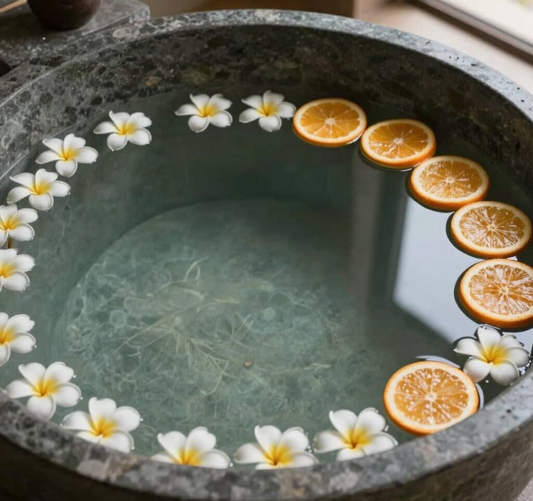 A luxury foot soak basin made of smooth dark stone filled with warm water, floating frangipani blossoms, and sliced citrus fruits in a serene spa setting in Bandung, West Java / Indonesia. Soft natural side lighting emphasizing muted sage green and warm terracotta tan textures.