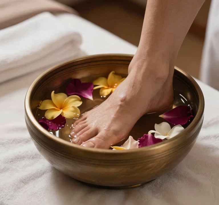Warm aesthetic photo of a foot reflexology treatment bowl with floating flower petals in a peaceful spa setting in Bandung, West Java, Indonesia.