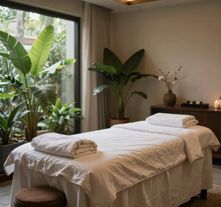 Tranquil spa interior room in Bandung, West Java / Indonesia featuring an neatly dressed massage table with soft cream linens and potted tropical plants.