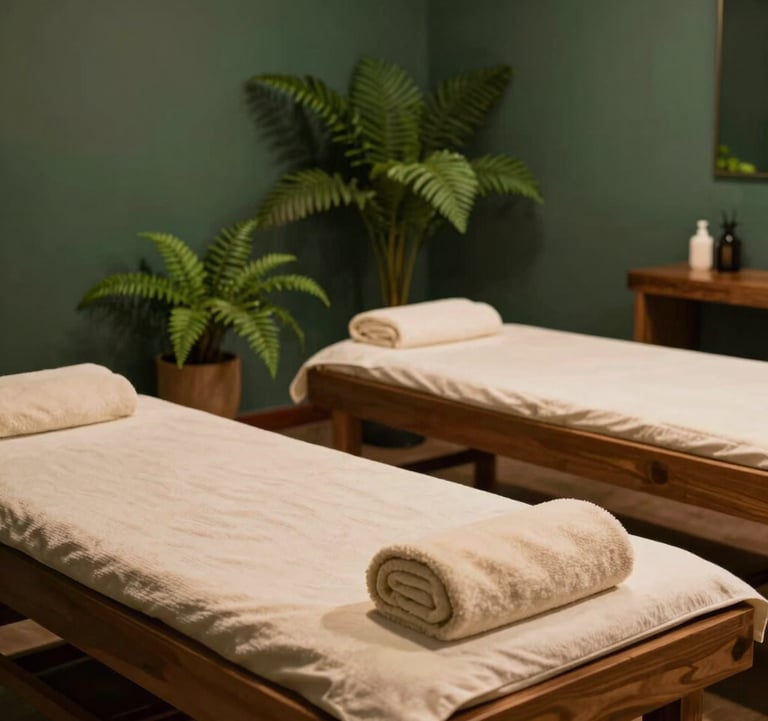 A peaceful massage room interior in Bandung, West Java / Indonesia with warm wooden treatment beds, neatly rolled off-white cream towels, and potted tropical ferns. Ambient soft lighting creates a calming, organic mood with deep sage green and warm terracotta tan highlights.