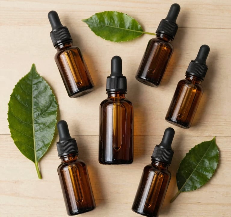 Aesthetic flatlay photography of botanical essential oils, glass dropper bottles, and green tea foliage on light wooden surface in Bandung, West Java / Indonesia.