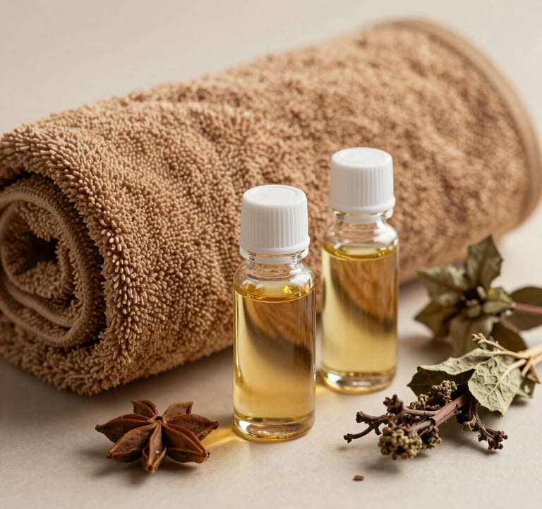 Close-up photograph of organic aromatherapy essential oils in clear bottles beside warm camel brown towels and natural herbs in Bandung, West Java, Indonesia.