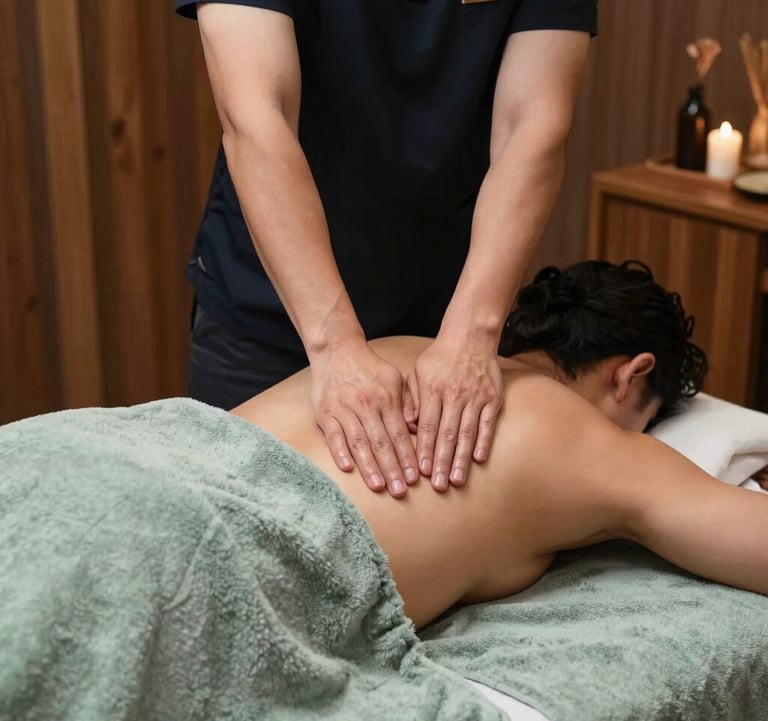 A professional massage therapist performing a relaxing aromatherapy back treatment in a calm, dimly lit room in Bandung, West Java / Indonesia with warm bronze wood accents and soft sage green linen towels.
