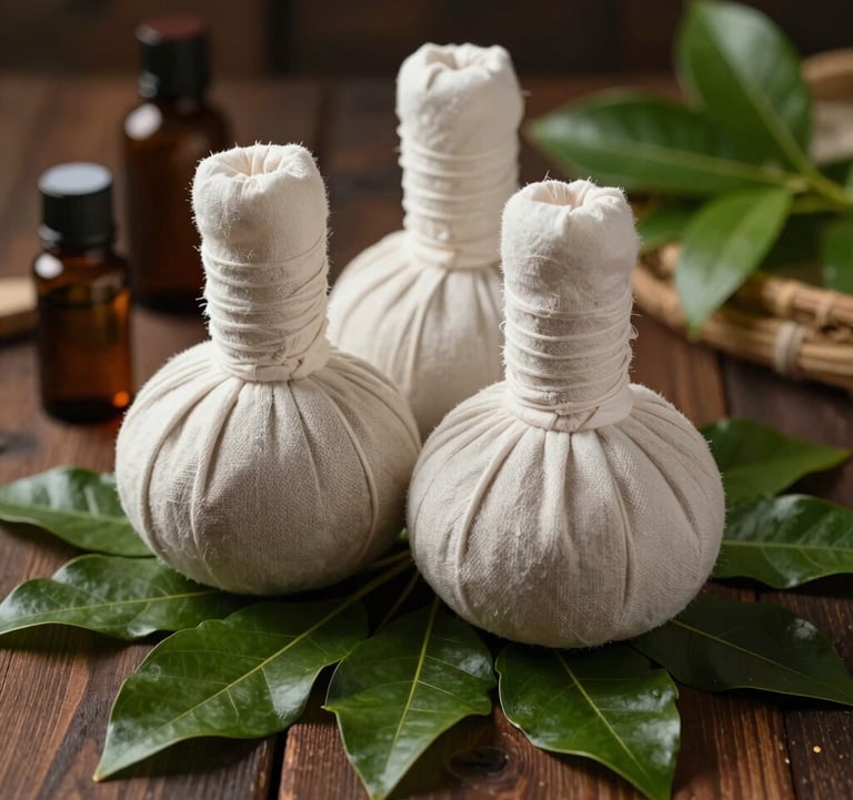 Close-up photography of natural herbal compress balls, essential oil bottles, and fresh green leaves neatly arranged on a dark wood surface in Bandung, West Java / Indonesia, illuminated by soft warm ambient lighting.