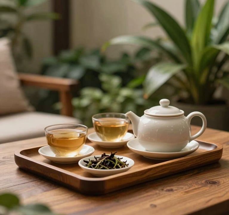 A tranquil relaxation corner featuring a herbal tea set, warm wooden tray, and lush indoor greenery in a wellness sanctuary located in Bandung, West Java / Indonesia. Soft focus, cozy atmosphere, warm tan and dark forest green visual aesthetic.