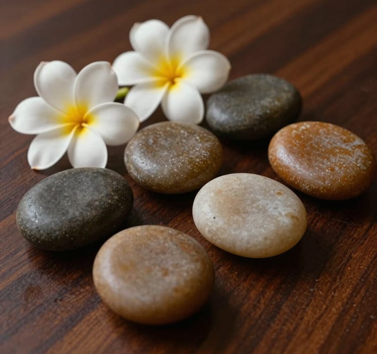 Close-up photograph of smooth warm therapy stones arranged beside fresh frangipani blossoms on a dark teak wooden table in Bandung, West Java / Indonesia.