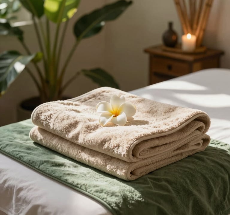 Serene interior photography of a private massage room with neatly folded beige cotton towels, fresh tropical flowers, and bamboo decor in Bandung, West Java / Indonesia. Ambient warm sunlight creating a soothing botanical atmosphere with off-white and deep sage green accents.