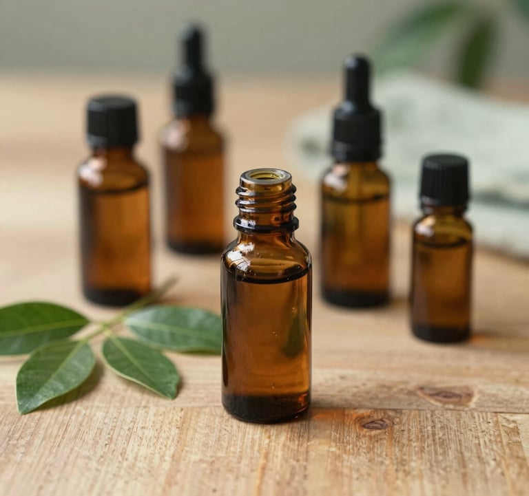 Close-up detail photography of natural essential oil bottles, aromatic massage oils, and fresh green botanical leaves on a textured wooden table inside a peaceful wellness center in Bandung, West Java / Indonesia. Soft natural lighting with earthy tan and dark sage green tones.
