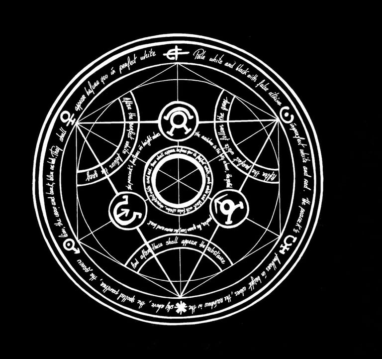 Fullmetal Alchemist logo with a large alchemical transmutations circle on a black background, perfect for anime fans.