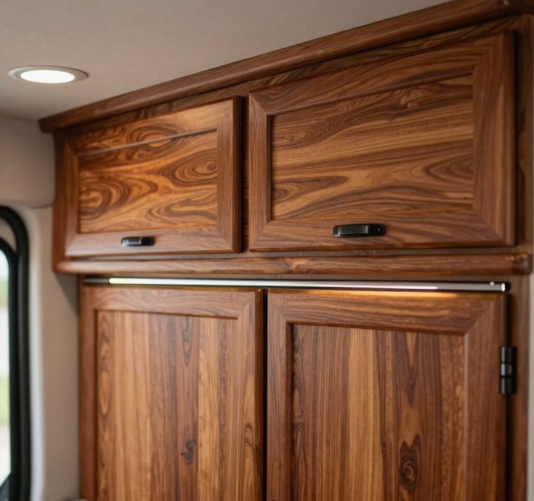 Close-up of a premium camper van interior featuring custom mahogany brown wood cabinets and warm mahogany finishes. Professional work by a European / Spanish expert visible in the precision of the joinery. Soft white ambient lighting.