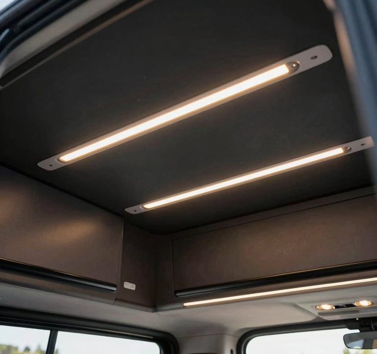A detailed shot of the interior lighting of a camper van, showing warm LED strips integrated into dark charcoal black ceiling panels. The atmosphere is elegant and premium, reflecting a high-end European / Spanish design aesthetic.
