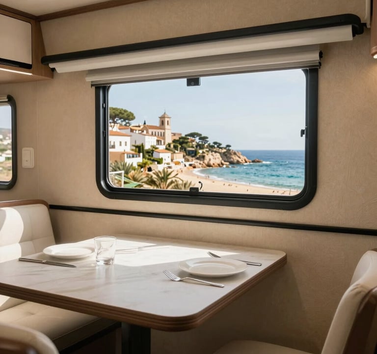 Interior shot showing the dining area of a camper with warm sand beige tones and elegant black accents. A window shows a scenic European / Spanish coastal view.