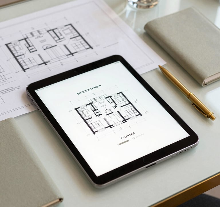 A professional desk with architectural plans and a modern tablet in a Southern European / Spanish for Irish Clientele luxury real estate office. Soft pale sage and antique gold stationery. Clean, sharp focus.