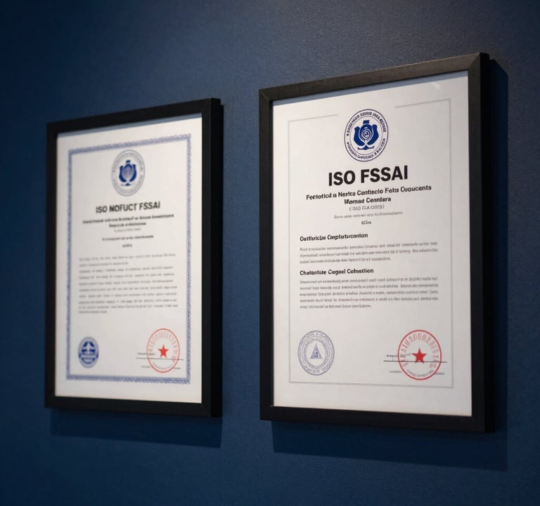 A close-up of framed ISO and FSSAI certifications on a dark navy blue wall. Soft spotlighting creating a high-trust, elite corporate feeling.