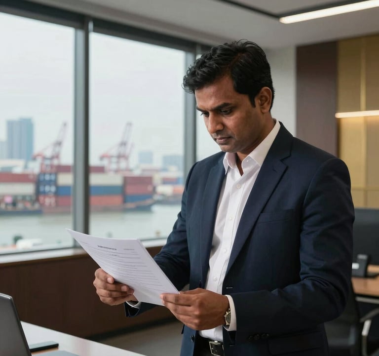 A high-end photograph of a logistics expert in a South Asian / Indian corporate office reviewing shipping documents with a view of a modern harbor through the window. The lighting is bright and professional, incorporating dark navy and gold tones in the office decor.