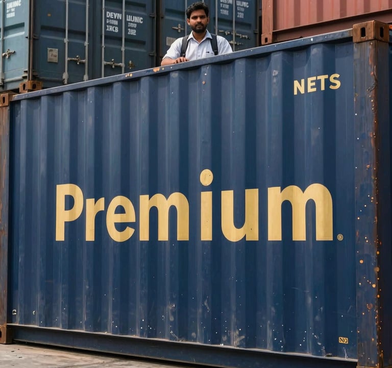 A premium close-up of industrial containers being organized at a terminal, featuring the dark navy blue and gold colors of the brand. A South Asian / Indian logistics manager is visible in the background, symbolizing oversight and quality control.