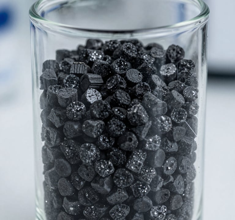 Macro shot of high-quality black activated carbon granules in a crystal clear glass cylinder. Industrial lab setting, sharp focus, professional lighting.