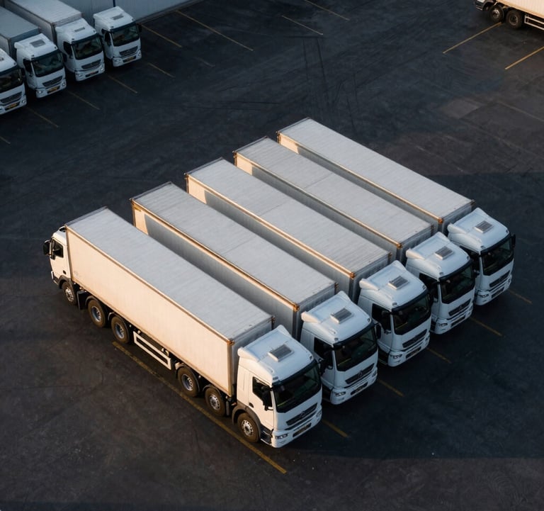 A luxury aerial view of a massive logistics hub with several white transport trucks perfectly aligned against a dark black asphalt ground, with long evening shadows and subtle gold highlights.
