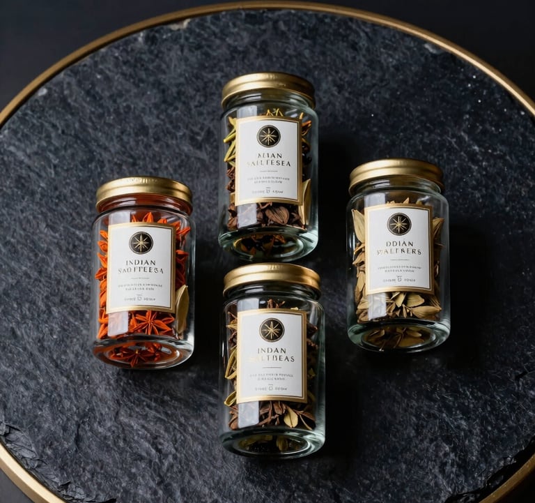 A luxury product photography shot of premium Indian spices and extracts in high-end glass packaging, arranged elegantly on a dark navy stone surface with a soft gold rim light. The composition is minimal and sophisticated.