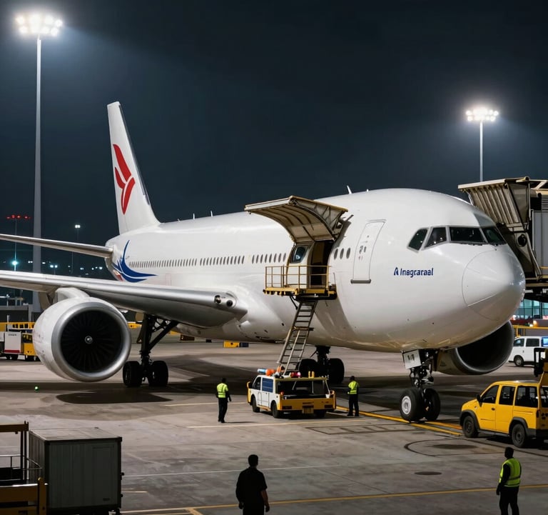 A high-end photograph of a busy international air cargo terminal at night. A large freight plane is being loaded under bright stadium-style lights, with silhouettes of ground crew and logistics equipment. The mood is efficient and global.
