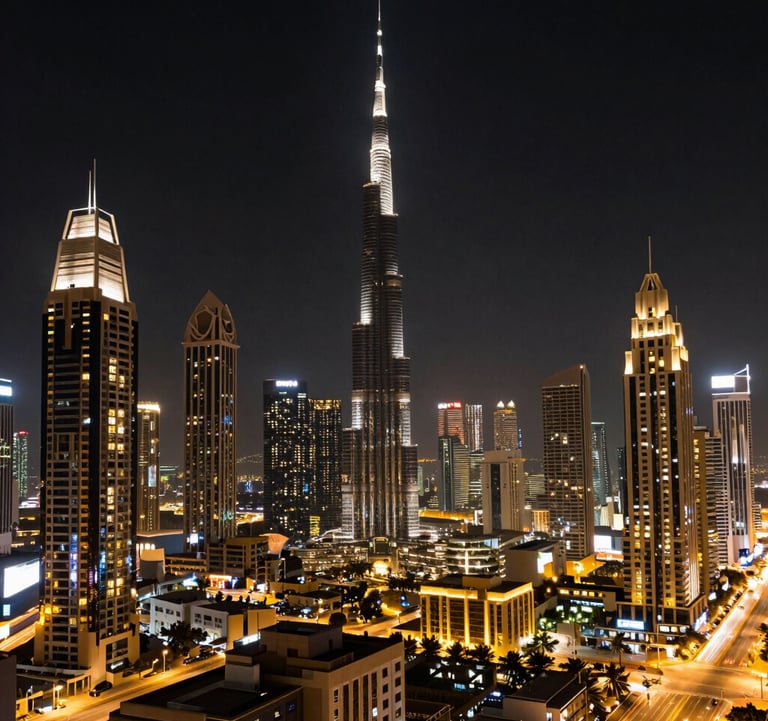 A wide-angle, luxury shot of a modern city skyline at night, representing global trade destinations like Dubai or Singapore. The image uses high-contrast blacks and golden city lights to communicate elite international commerce.