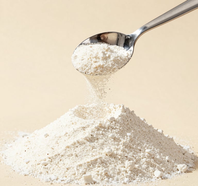 High-quality Guar Gum powder being carefully measured with a polished silver scoop. Clean, bright studio lighting against a soft beige background.