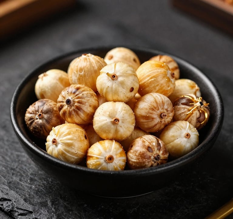 A premium close-up of roasted Makhana (fox nuts) presented in a designer black bowl. Minimalist, high-end food photography with dark and gold accents.