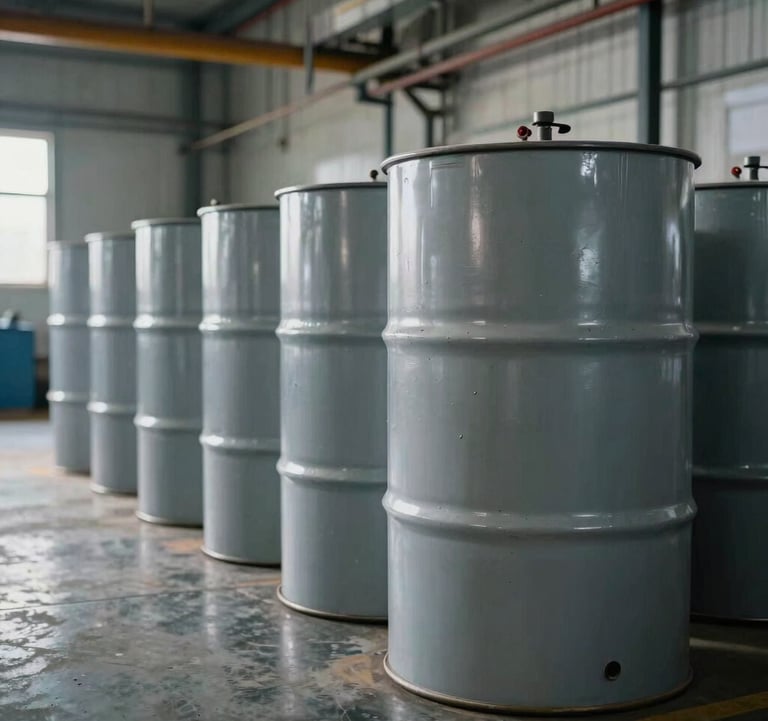 Industrial scene showing a neat row of high-grade chemical drums in an Indian manufacturing facility. The floor is polished and the environment is sterile and professional.