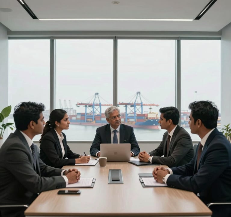 A group of South Asian / Indian business professionals in corporate attire engaged in a strategic meeting within a minimalist, luxury office suite. Large windows overlook a modern shipping port with container cranes in the distance.
