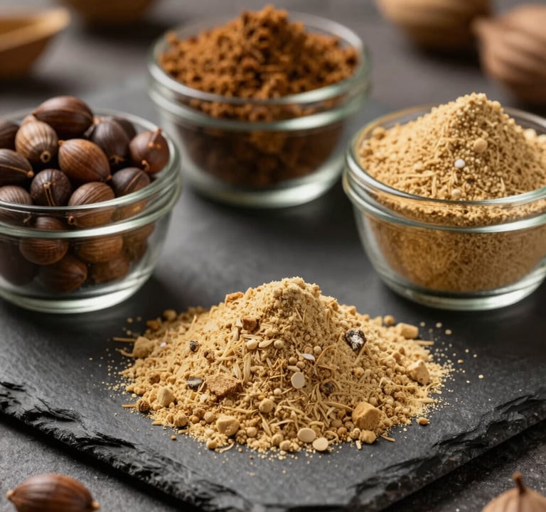 A high-end, close-up photograph of premium makhana and guar gum powder in minimalist glass containers on a dark slate surface, illuminated by warm gold light in a professional South Asian / Indian trade facility.