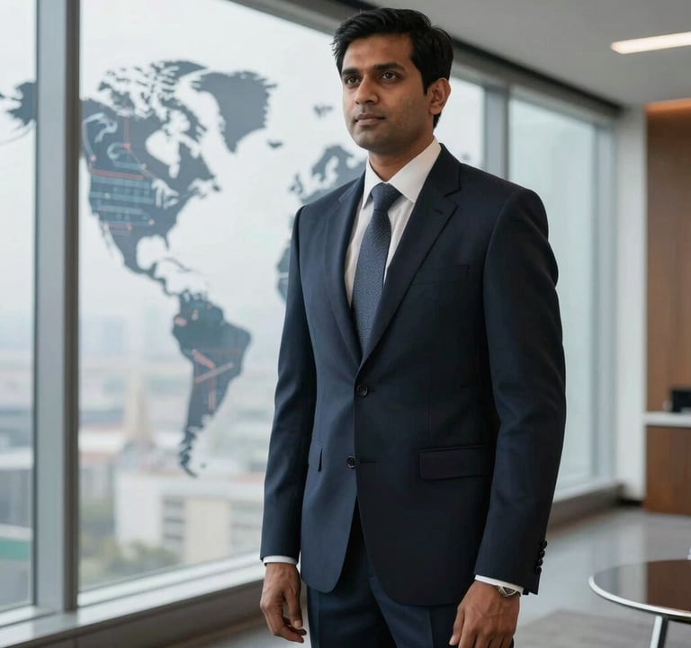 A sophisticated South Asian / Indian professional in a tailored dark navy suit standing in a modern, luxury corporate office with floor-to-ceiling windows showing a world map on a digital screen in the background.