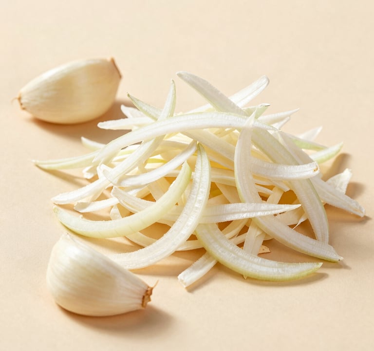 A luxury food photography shot of premium dehydrated white onion flakes and garlic cloves on a clean beige surface. High-key lighting, minimalist composition.