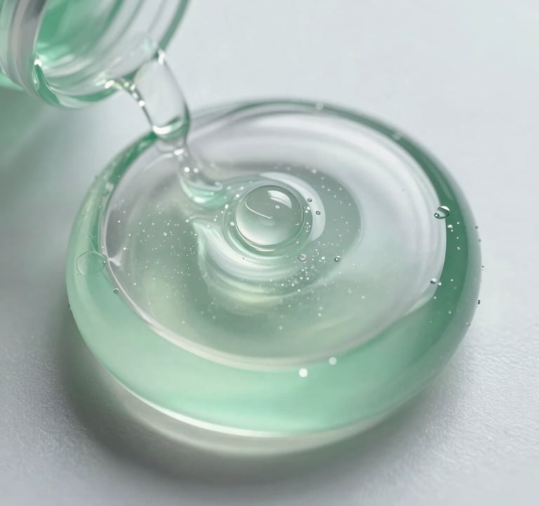 Macro photography of a crystal-clear pharmaceutical gel, showing texture and purity. Sophisticated laboratory lighting in Brazil, featuring soft green and white tones.