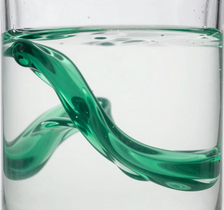 Clean, artistic photography of abstract liquid waves in a glass container, utilizing emerald green and pure white colors. The composition is organic and fluid, representing scientific innovation.