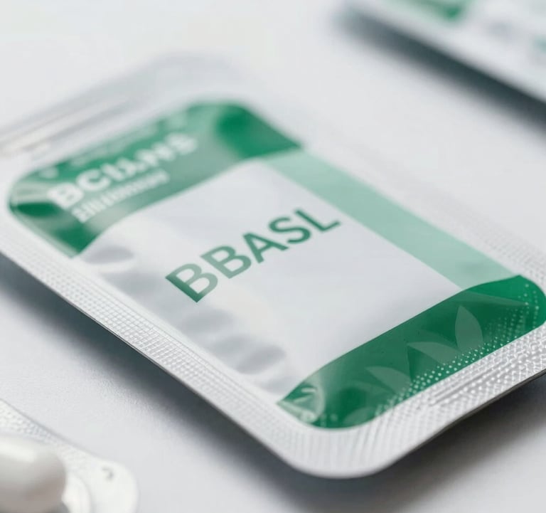 Close-up of sleek pharmaceutical packaging with minimalist branding in a bright, clean clinical setting. Brazilian context, high-end design, white and forest green accents.