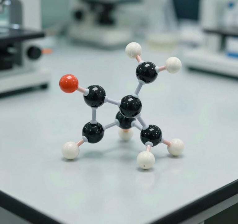 Macro photography of an elegant molecular structure model sitting on a clean white laboratory desk, soft green and white lighting, reflecting a scientific and technological mood, Brazilian context.