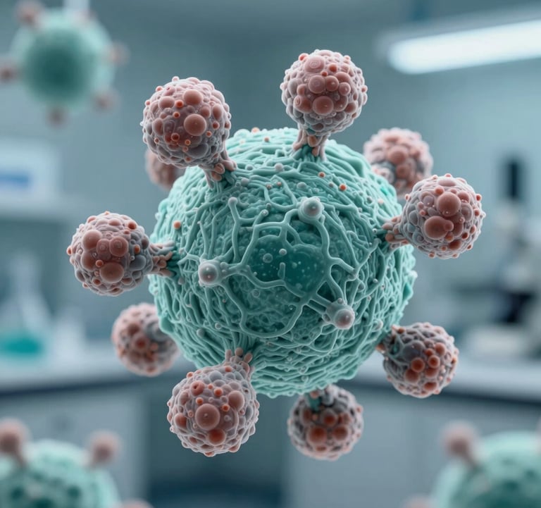 High-resolution photography of a microscopic molecular structure with soft teal lighting, showcasing biological complexity and scientific precision in a modern Brazilian lab setting.