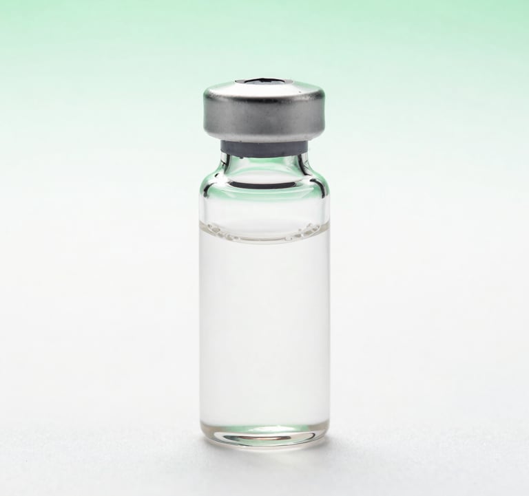 Professional studio photography of a translucent pharmaceutical vial against a crisp white background with a soft green gradient. The lighting is clinical and premium, emphasizing purity.