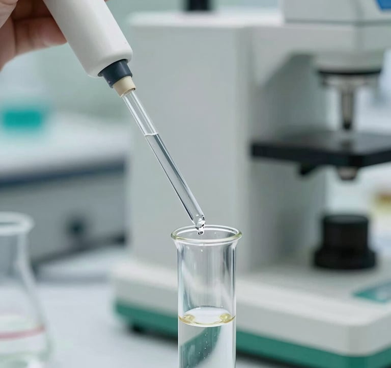 Close-up of a high-tech laboratory pipette transferring clear liquid into a test tube. Modern scientific setting in Brazil, sharp focus on the glass, clean white lighting with soft green accents from the equipment.