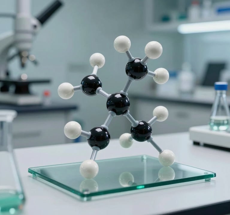 Molecular structure model on a desk in a high-end Brazilian biotech company. Clean aesthetic with glass, chrome, and forest green light reflections.