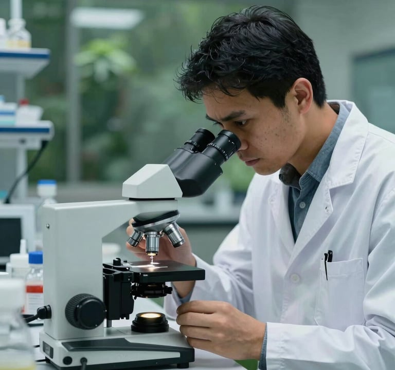 Professional photography of a scientist in a South American laboratory examining a sample under a microscope. Cool white and forest green color scheme, conveying expertise and innovation.
