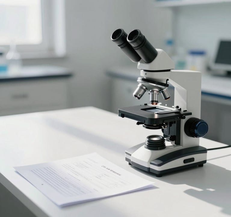Minimalist photography of a scientific report on a clean white desk next to a modern microscope. Soft morning light in a Brazilian research center, emphasizing precision and trust.